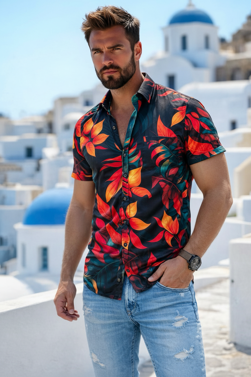 Camisa Hojas Tropicales Fondo Negro ARK