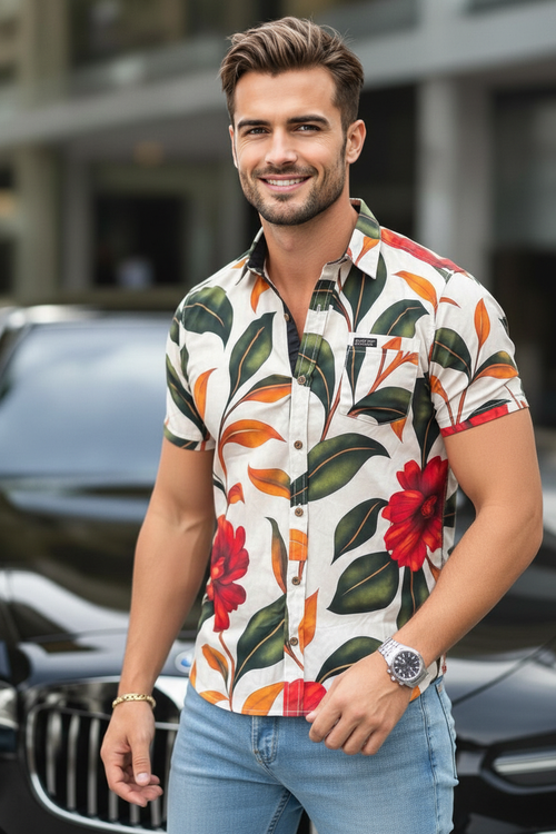 Camisa Hojas Tropicales con Flores ARK